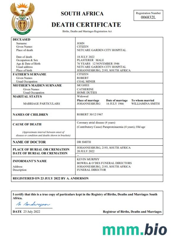 South Africa śmierć certyfikat Word i PDF szablon